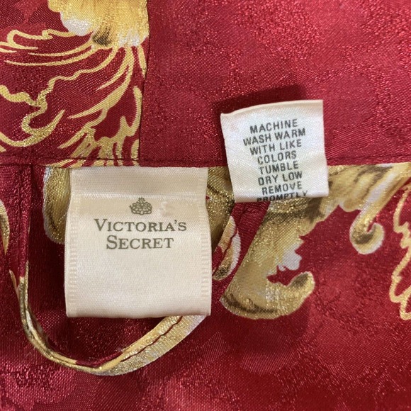 Vintage Victoria's Secret Robe Medium Red Gold Floral Short Pockets Wrap B161 - Picture 7 of 8